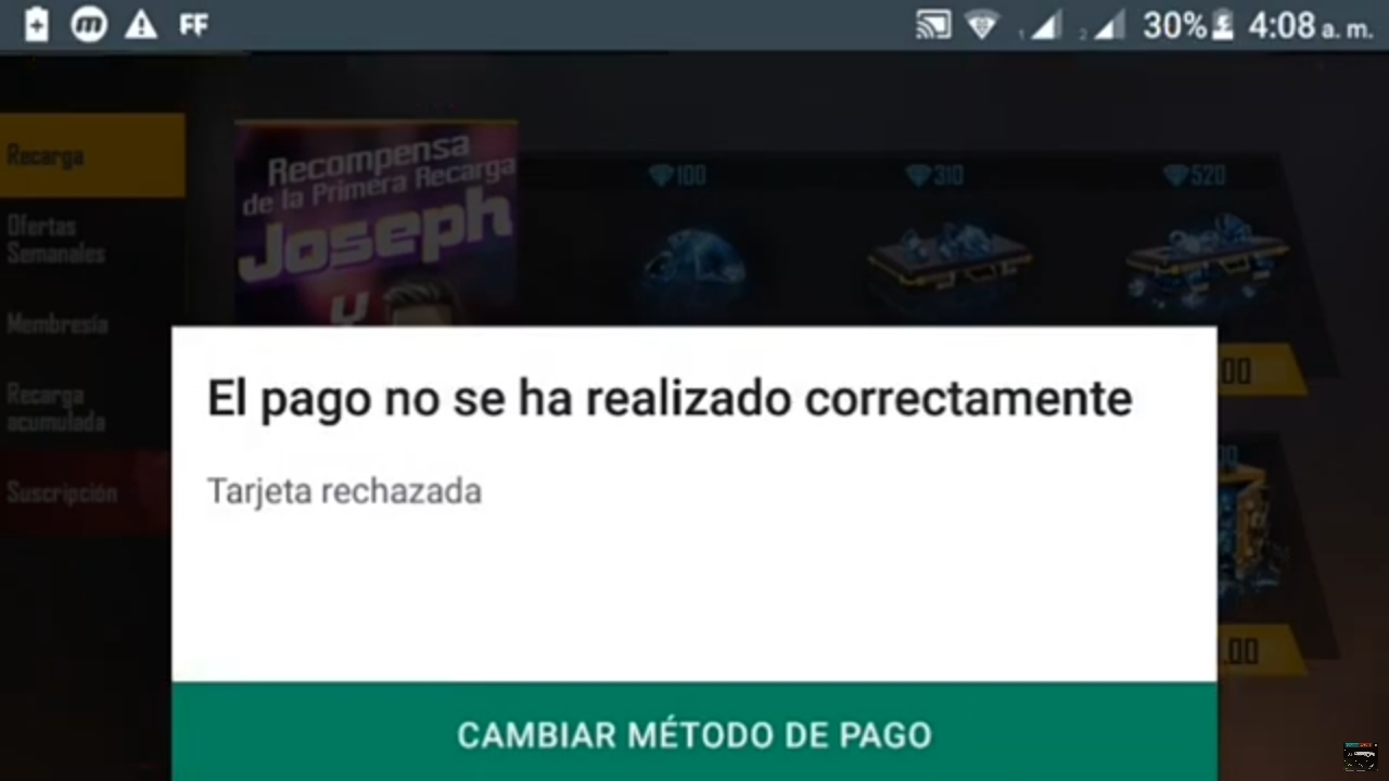 problemas con tarjeta de credito al comprar diamantes en free fire por que es rechazada